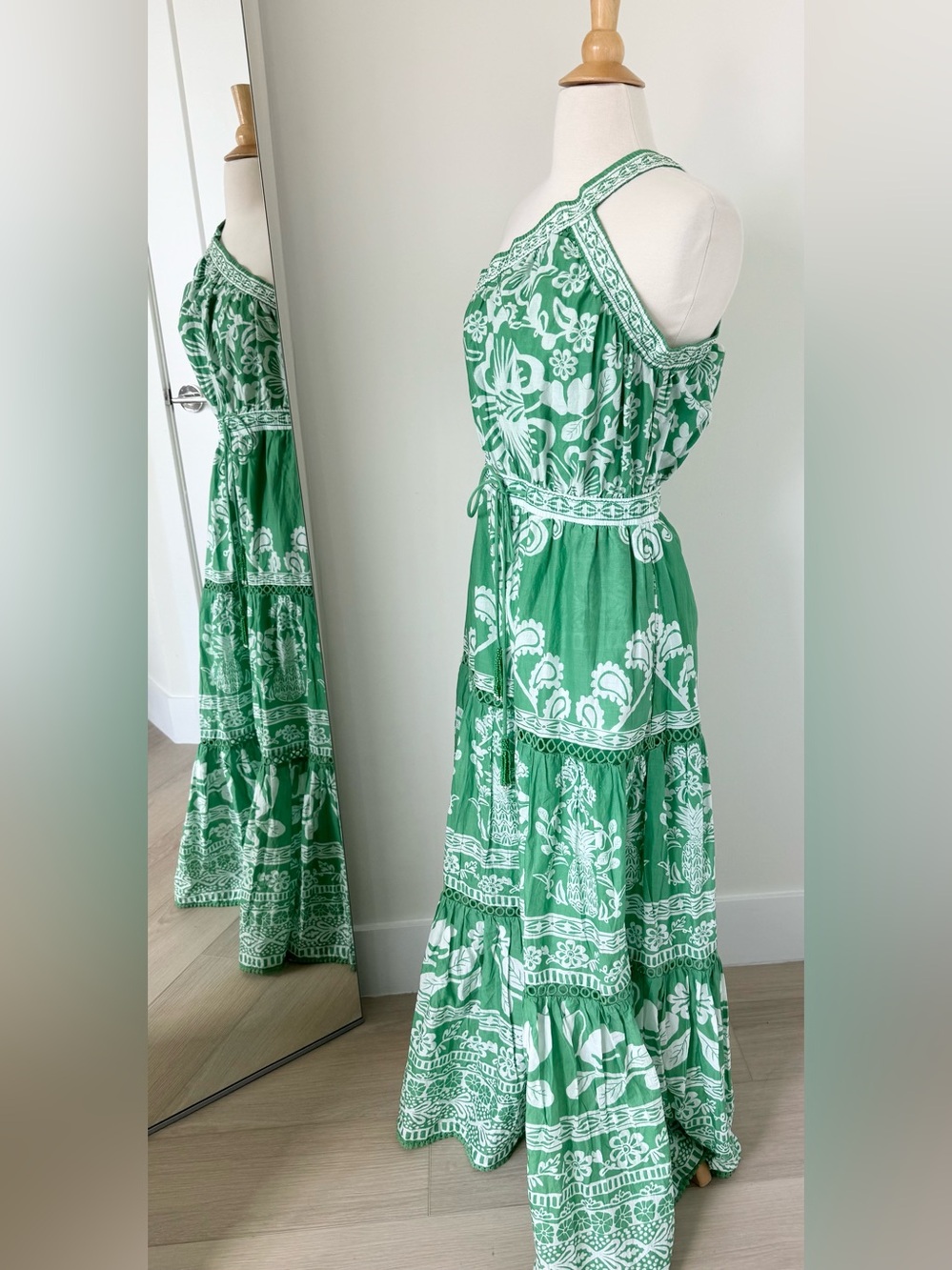 FARM Rio Green/White Floral One-Shoulder Maxi Tie Bead Dress Size Small